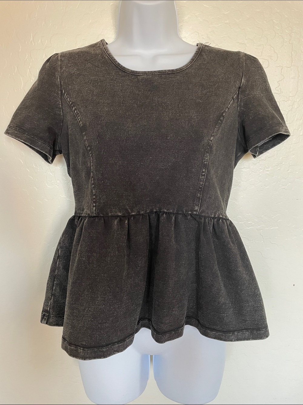 Washed Black Peplum Short Sleeve Top